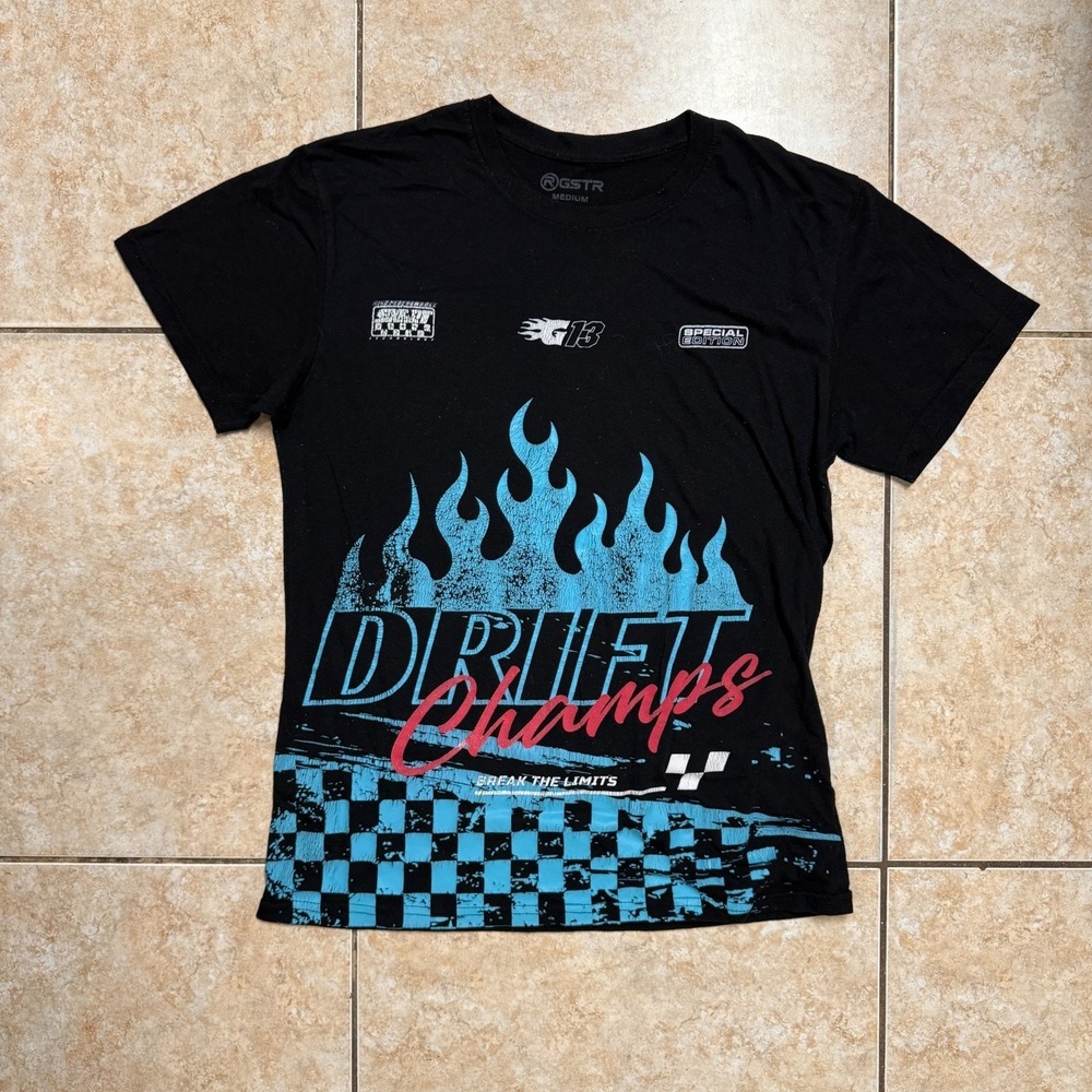 GSTR Drift‎ Champs Black Graphic Print T-Shirt Racing Flames Medium